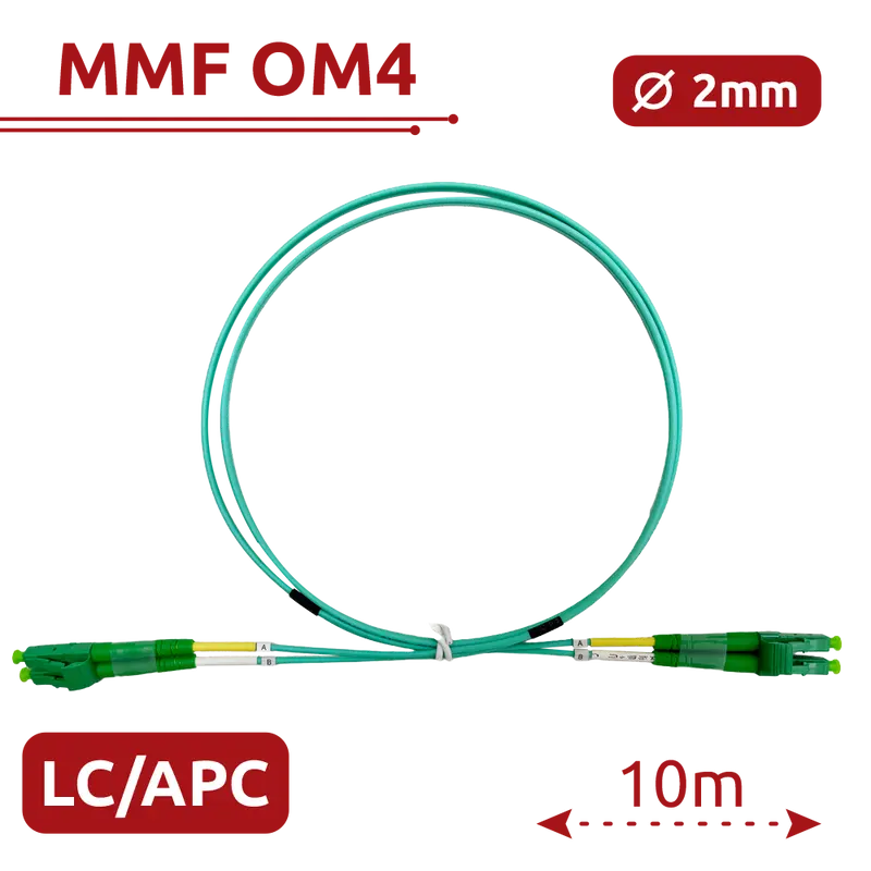 SAFIRE SF-LC-APC-LC-APC-OM4-DX-10M-A - Cable de conexión de fibra óptica - Fibra multimodo OM4 - Conector LC APC dúplex - Longitud 10m