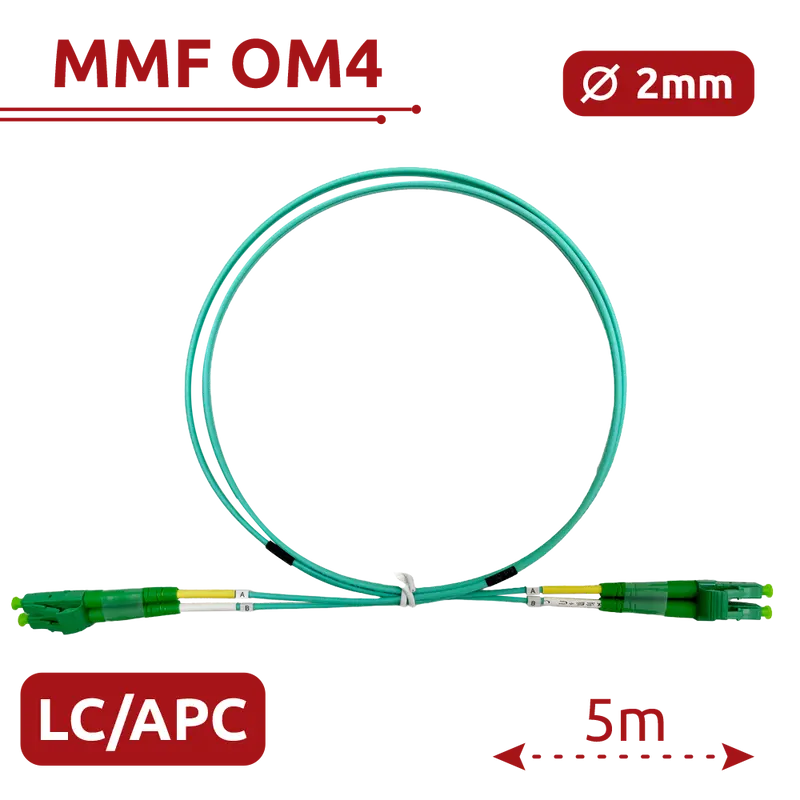 SAFIRE SF-LC-APC-LC-APC-OM4-DX-5M-A - Cable de conexión de fibra óptica - Fibra multimodo OM4 - Conector LC APC dúplex - Longitud 5m