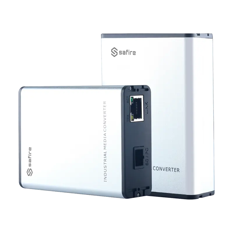 SAFIRE SF-MC1GE-SC-20KM - Safire Kit (2) conversor de medios industrial - 1x Puerto Ethernet RJ45 - 1x Conector SC Simplex
