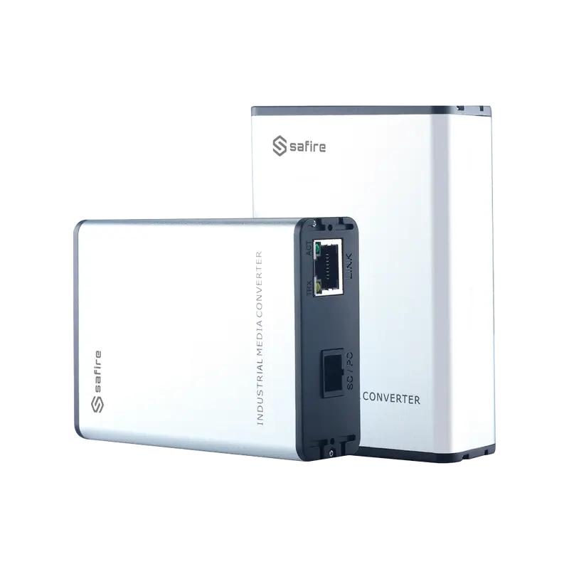 SAFIRE SF-MC1GE-SC-3KM - Safire Kit (2) conversor de medios industrial - 1x Puerto Ethernet RJ45 - 1x Conector SC Simplex