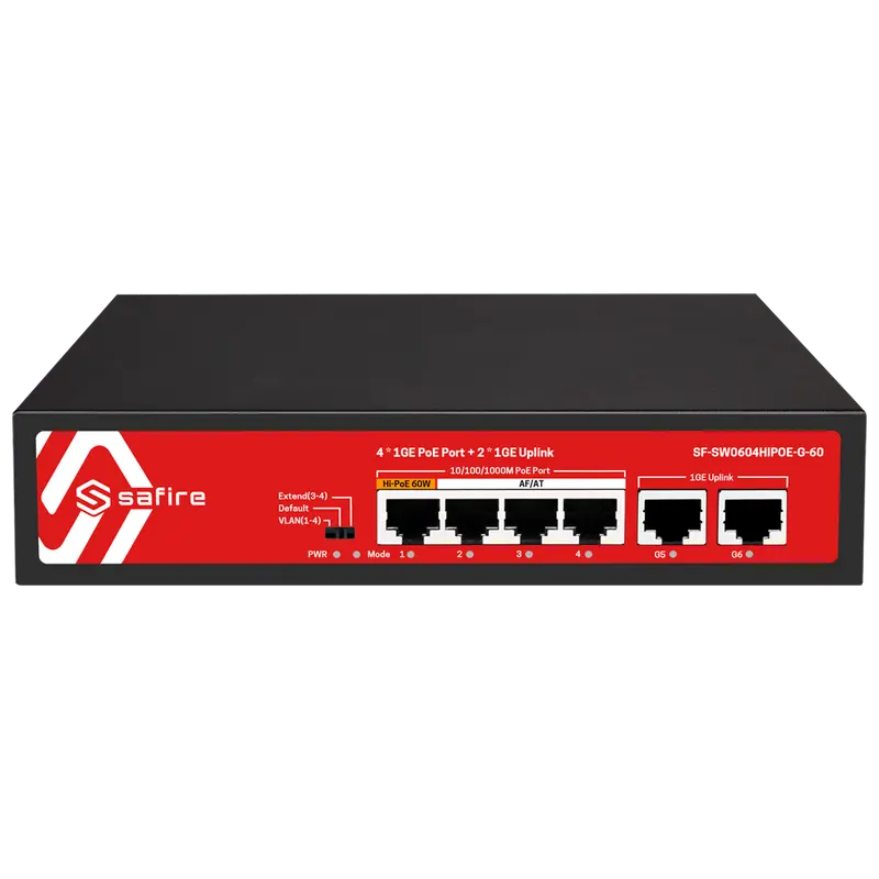 SAFIRE SF-SW0604HIPOE-G-60 - Safire Switch PoE - 4 puertos PoE + 2 Uplink RJ45 - Velocidad de puertos 10/100/1000 Mbps