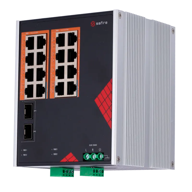 SAFIRE SF-SWI1816HIPOE-GF-AC-260-DIN - Safire Switch Industrial Alimentación AC y DC - 16 puertos Gigabit + 2 SFP Gigabit
