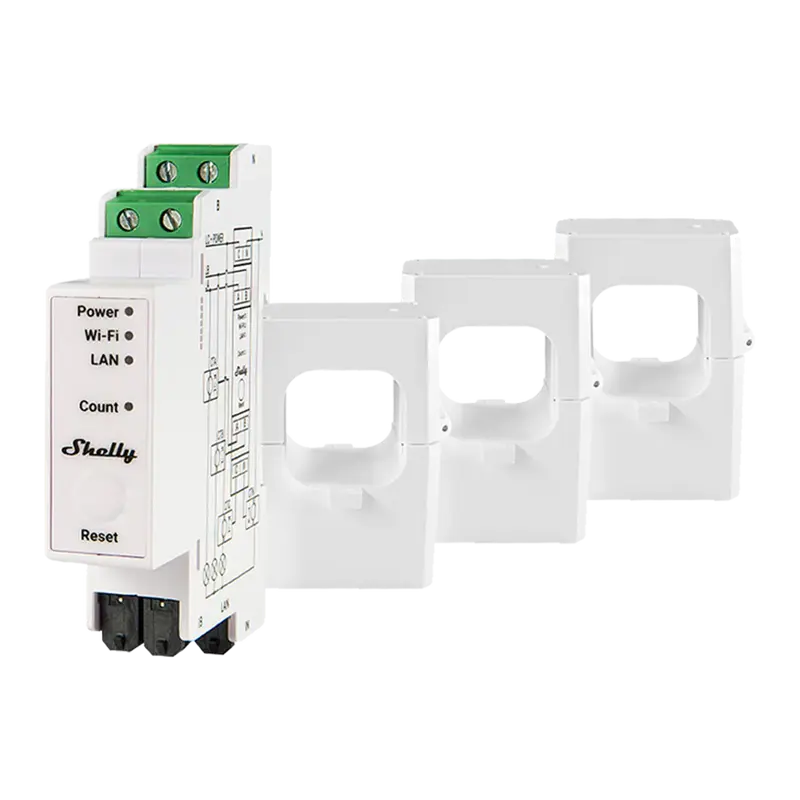 SHELLY SH-PRO-3EM-400A - Shelly Pro 3EM 400A - Medición trifásica de alta precisión hasta 400A - 3x Pinzas 400A Incluida