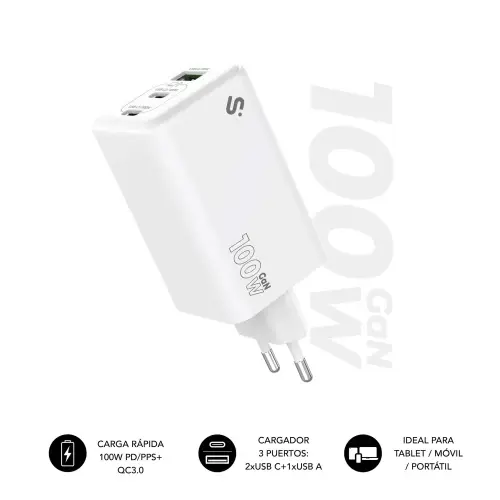 SUBBLIM CARGADOR GAN 100W CHARGER USB C+C+A