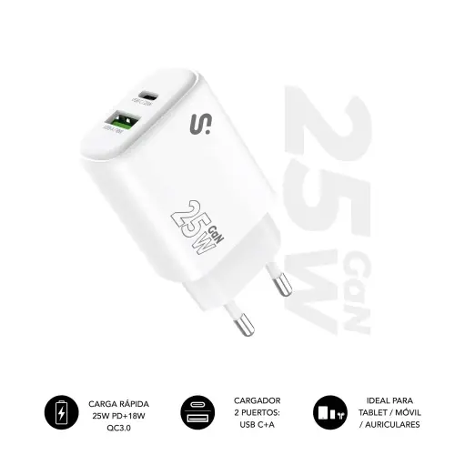 SUBBLIM Cargador GaN 25 W USB-C PD 3.0 + PPS & USB-A QC 3.0, Doble Puerto Rápido para tablets iPad Pro/Air/10/Mini, Galaxy Tab S9-S7