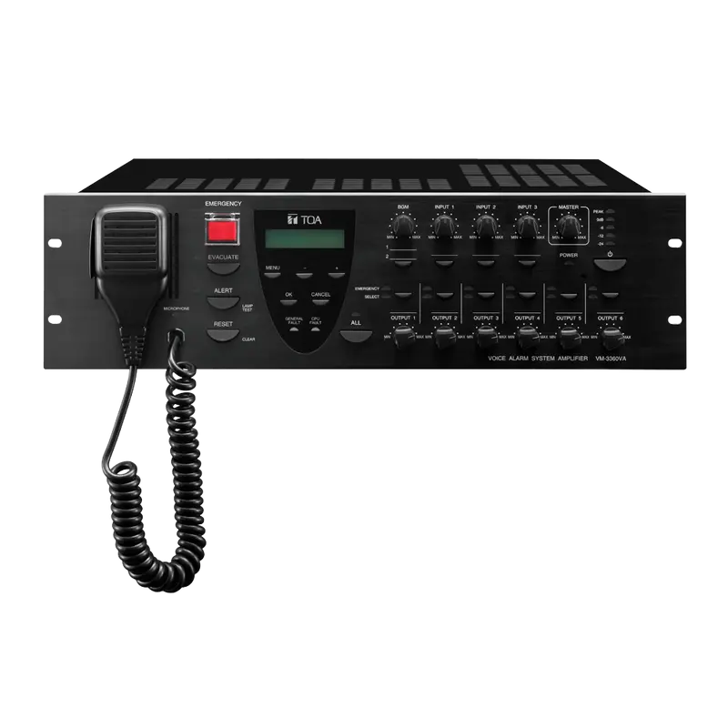TOA-VM-3360VA - Amplificador principal EN54 VM-3000 - 6 salidas de altavoces 100V - Potencia 360 Wrms - 4 Entradas MIC/LINE