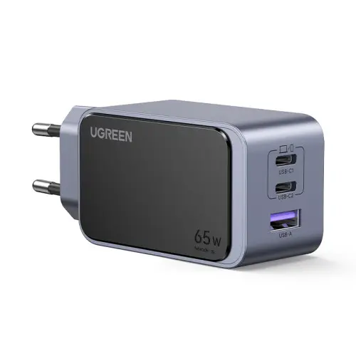 Ugreen Nexode Air 65W sieninis kroviklis, USB + 2x USB-C pilkos spalvos Ordenador portátil, Teléfono móvil, Ratón, Portátil, Batería