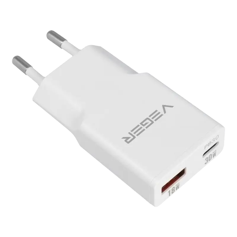 VEGER VG-30W1A1C - Cargador USB QC3.0 / PD3.0 - Potencia 30W - Carga 2 dispositivos a la vez - Salidas USB-A, USB-C - Color blanco