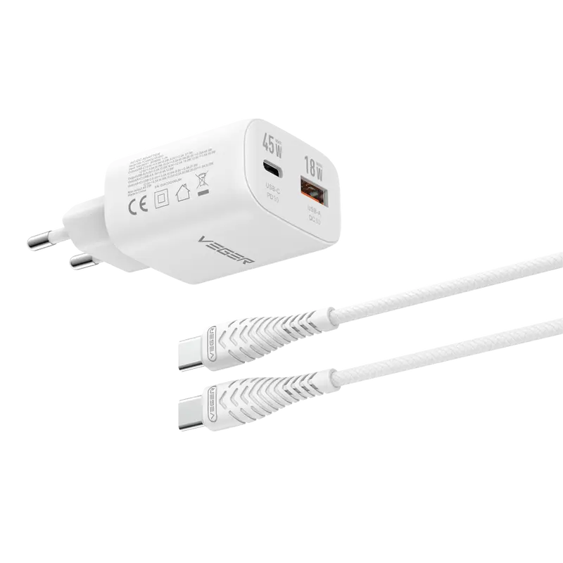 VEGER VG-TR101-45W1A1C - Cargador de pared - Carga rápida 45W - Con tecnología GaN - Salidas USB-C, USB-A