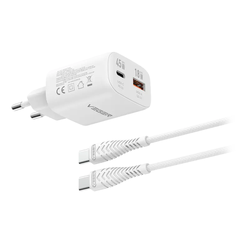 VEGER VG-TR101-kit-45W1A1C - Cargador de pared con cable incluido - Potencia 45W - Con tecnología GaN - Carga rápida