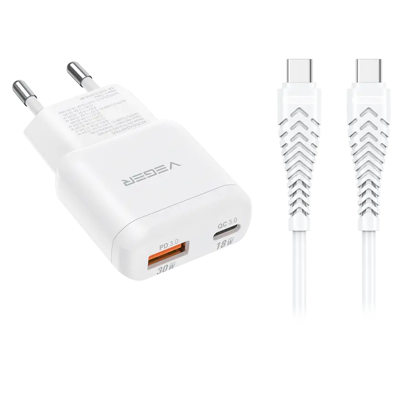 VEGER VG-TR120-Kit-30W1A1C - Cargador de pared - Carga rápida 30W - Con tecnología GaN - Salidas USB-C, USB-A