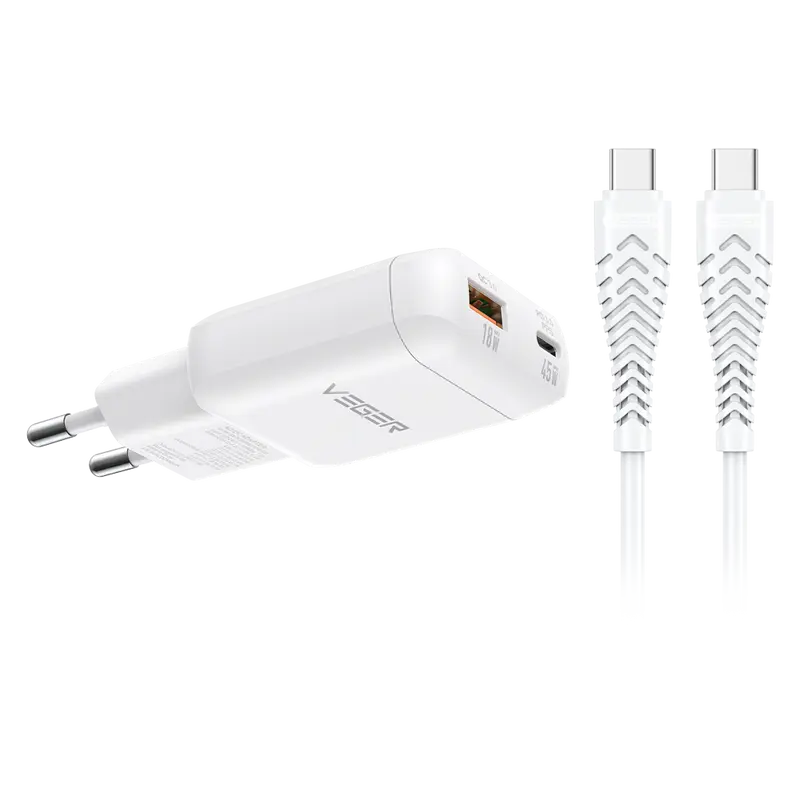 VEGER VG-TR121-Kit-45W1A1C - Cargador de pared - Carga rápida 45W - Con tecnología GaN - Salidas USB-C, USB-A