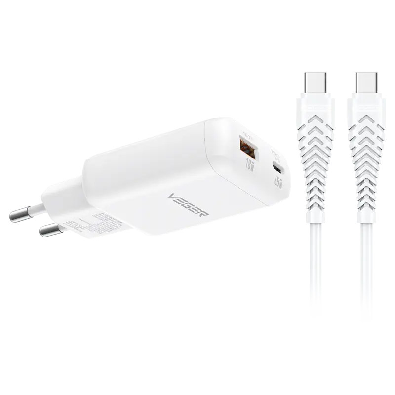 VEGER VG-TR122-Kit-65W1A1C - Cargador de pared - Carga rápida 65W - Con tecnología GaN - Salidas USB-C, USB-A
