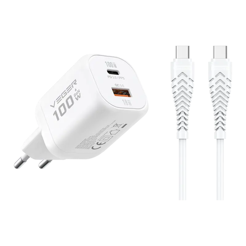 VEGER VG-TR150-Kit-100W1A1C - Cargador de pared - Carga rápida 100W - Con tecnología GaN - Salidas USB-C, USB-A